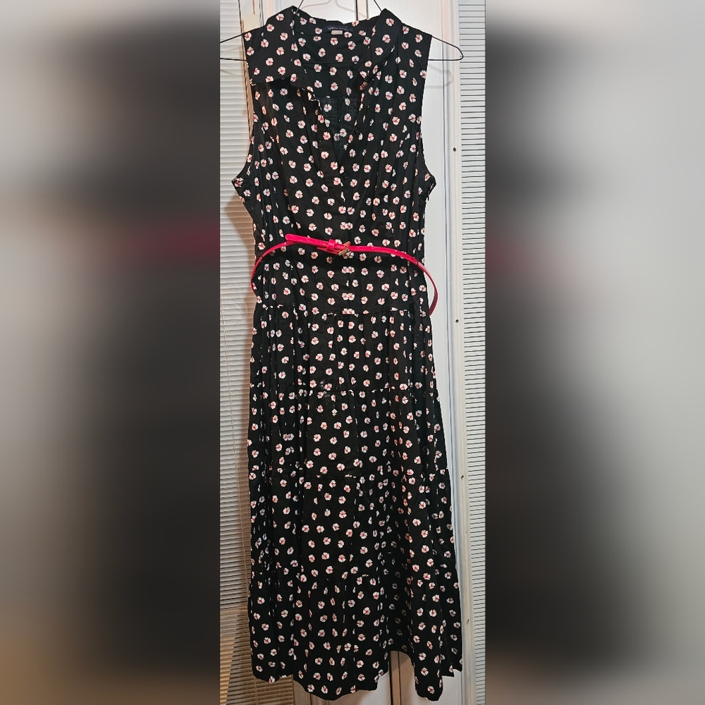 Tommy Hilfiger Black Floral Midi Dress with Red Belt